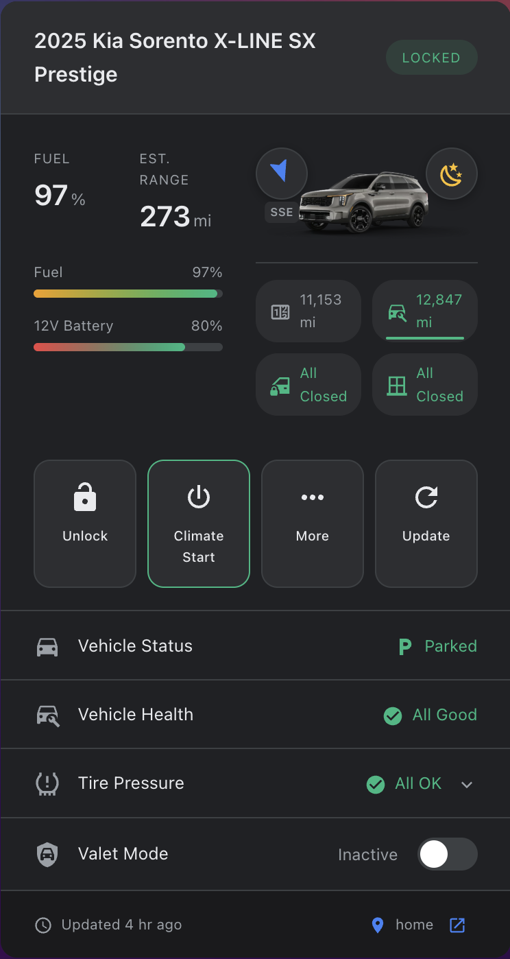 Kia Vehicle Card showing fuel, range, doors, tire pressure and remote controls